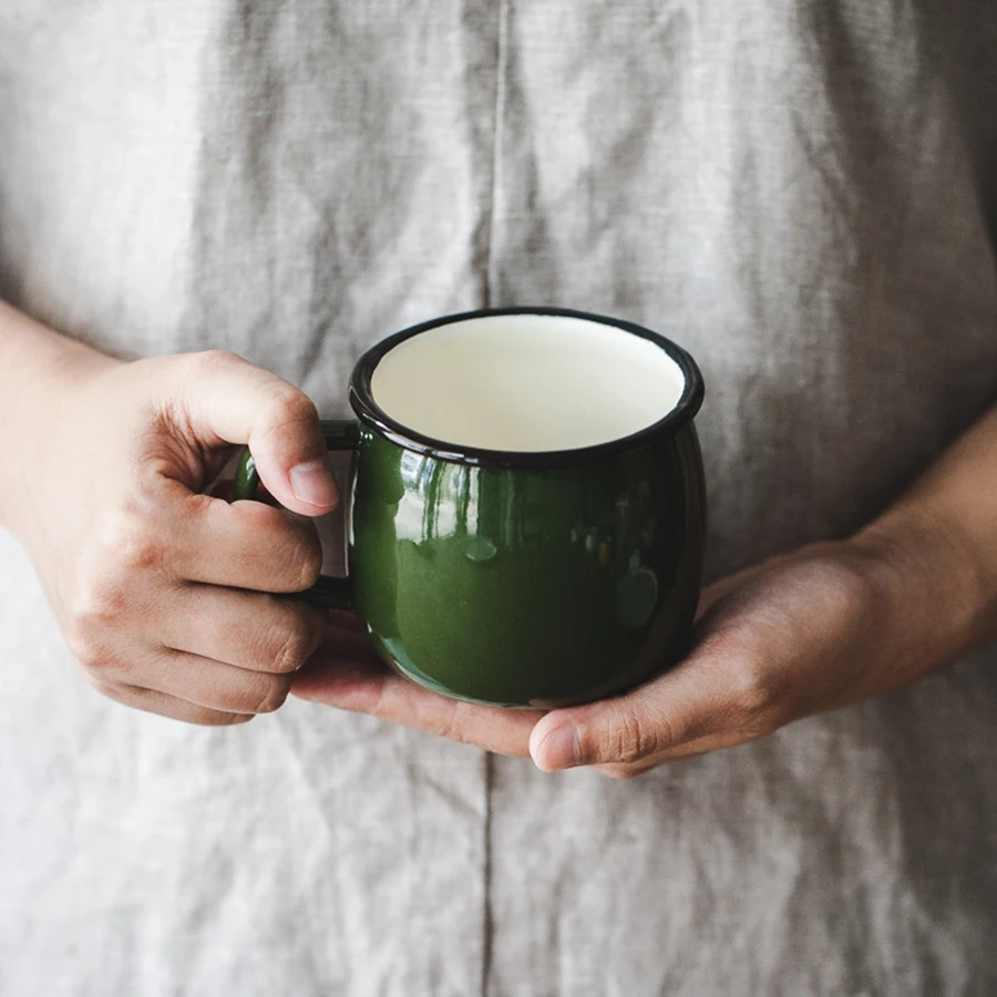 350ml 500ml custom logo printed hotel water tea coffee drinking bellied shape white green orange color enamel belly mugs