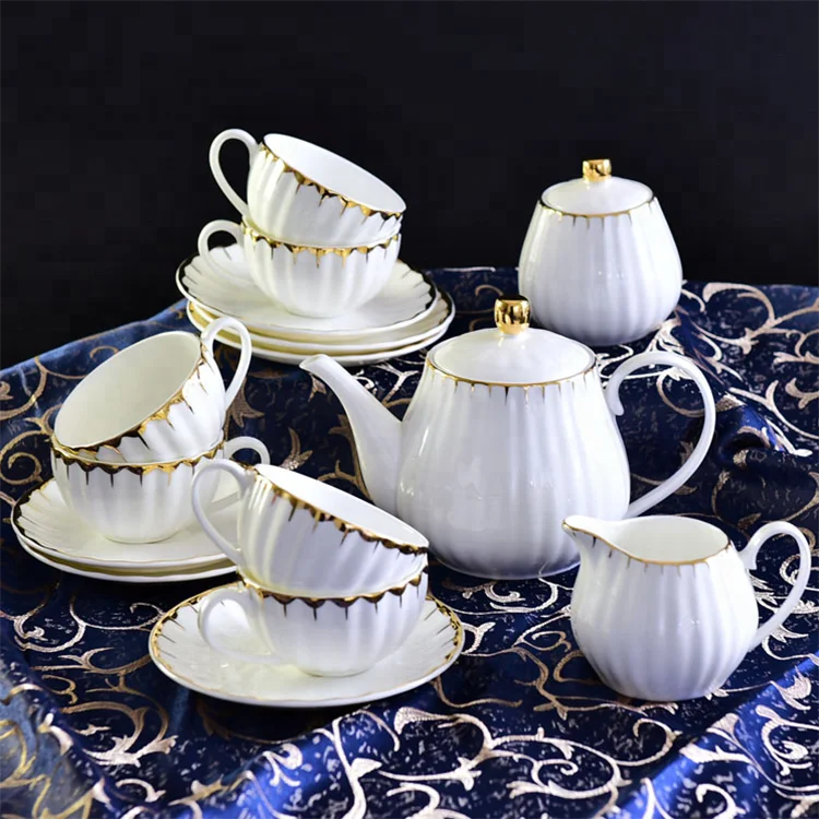 Factory Price 15 Pieces Coffee And Tea Set With Gold Tea Pot Sugar Bowl Milk Jug Cup And Saucer For Dubai