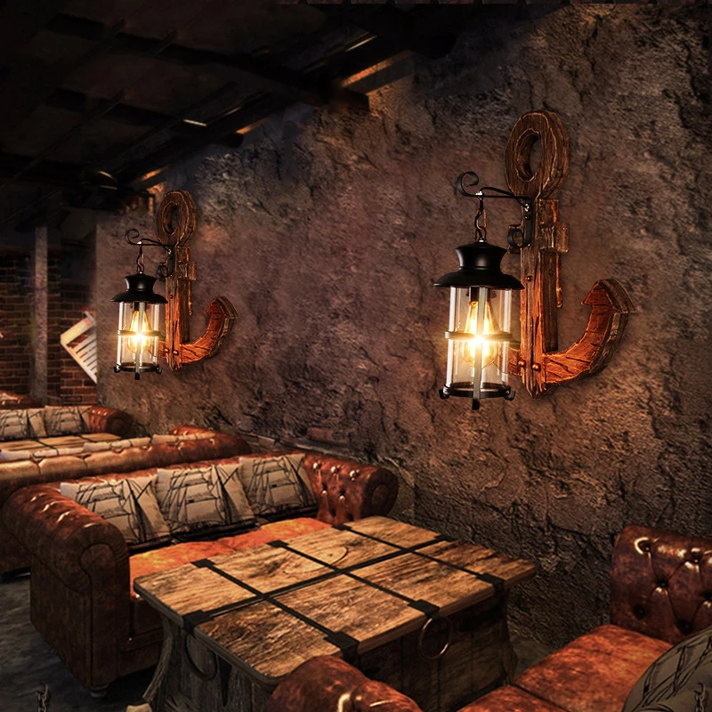 Fancy Vintage Rural Industrial Wooden LED Wall lamp Anchor Shaped Light For Bar Decoration