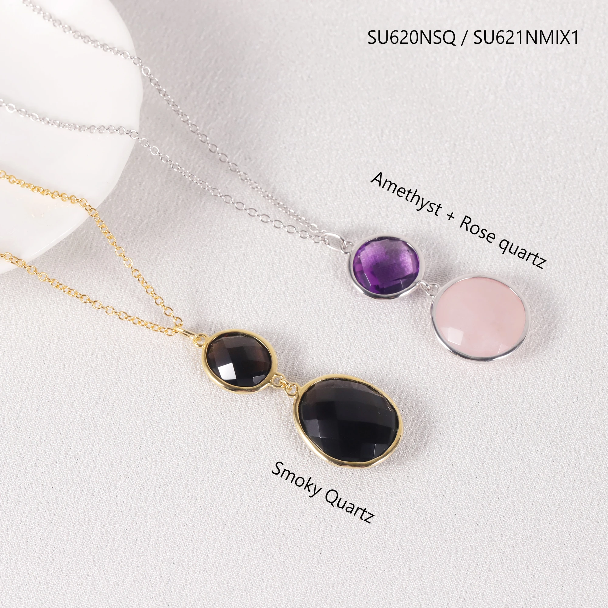 Abiding Latest Designs Natural Amethyst Rose Quartz Gemstone 925 Sterling Silver Adjustable Long Chain Sweater Necklaces