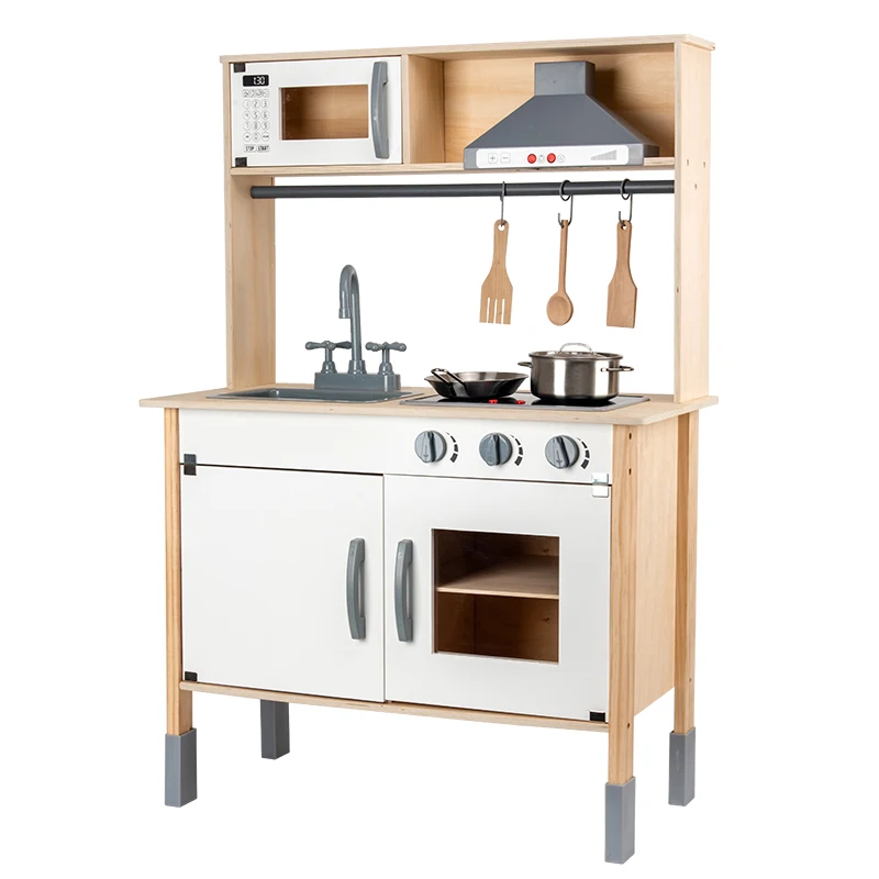 NUNUKIDS Newly released child large classic wooden kitchen toys play set electronic stove toy with light and sound