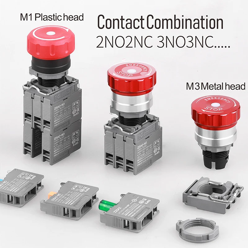 LANBOO Red Mushroom Head ROHS 22mm Plastic Metal Emergency Stop Button Switch  3NO3NC LED green 24V