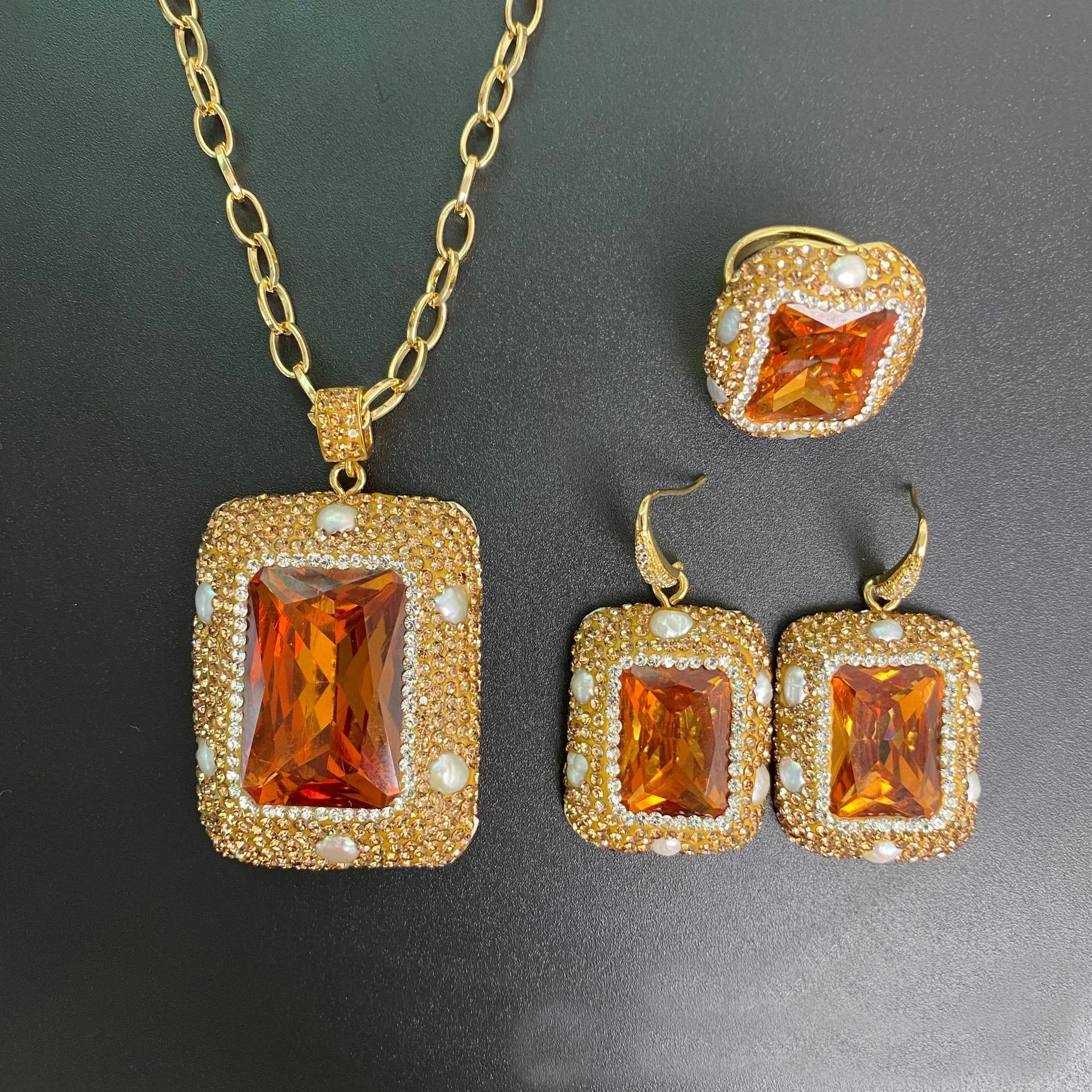 Wholesale 3PCS Turkey Sultan Stone Copper Jewelry Set Wedding Brown Color light stone Jewelry