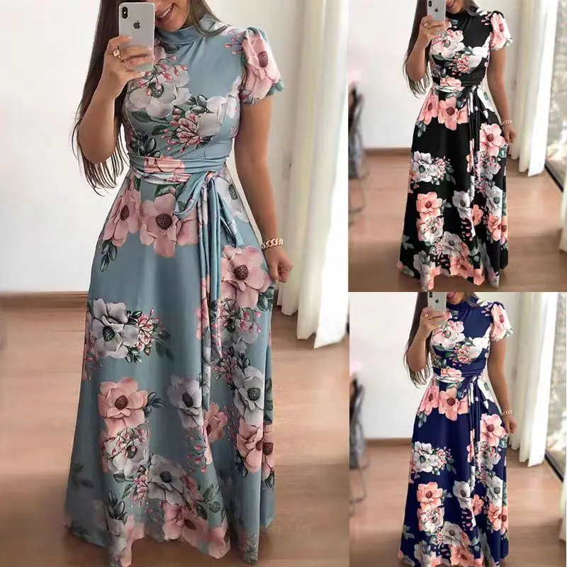 Women Summer Casual Long Dress Boho Floral Print Maxi Dress Turtleneck Bandage Elegant Dresses