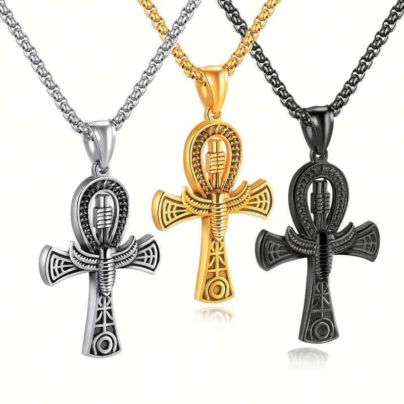 Prayer Stainless Steel Chain Necklace Ancient Egyptian Coptic Ankh Cross Necklace Amulet Jewelry Collar