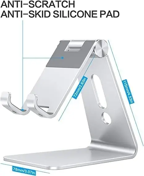 Adjustable Cell Phone Stand Aluminum Desktop Cellphone Stand with Anti-Slip Base  Convenient Charging Port Fit All Smart Phones