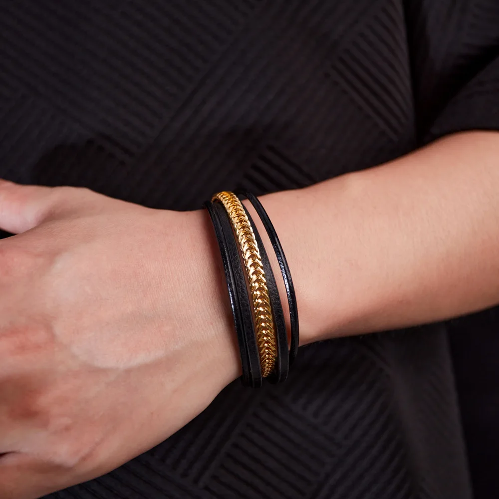 Hot Selling Retro Leather Bracelet 2024 Trendy Stainless Steel Chain Multilayer Leather Bracelet for Men