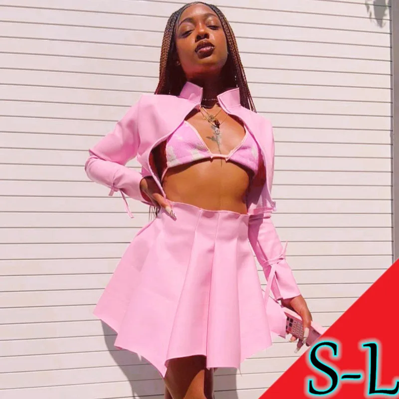 MISS Q K21ST506 Women Leather Jacket With Mini Skirt Sets 2021 Autumn Outfits Stripper Cotsumer 2 Piece Clothes Crop Short Tops