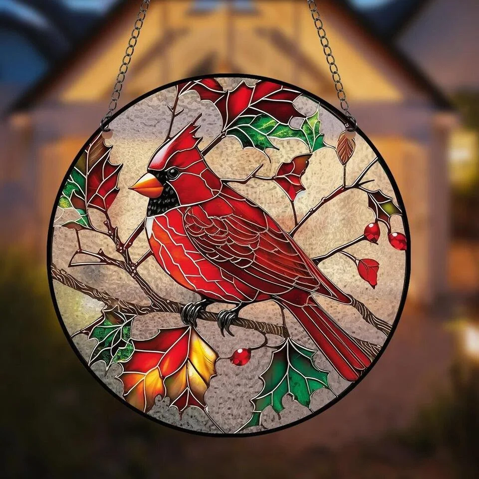 Glass Pattern Cardinal Stained Suncatcher Red Bird Sun Catcher Cardinal Wall Handmade Bird Suncatcher Window Hanging Memory Gift