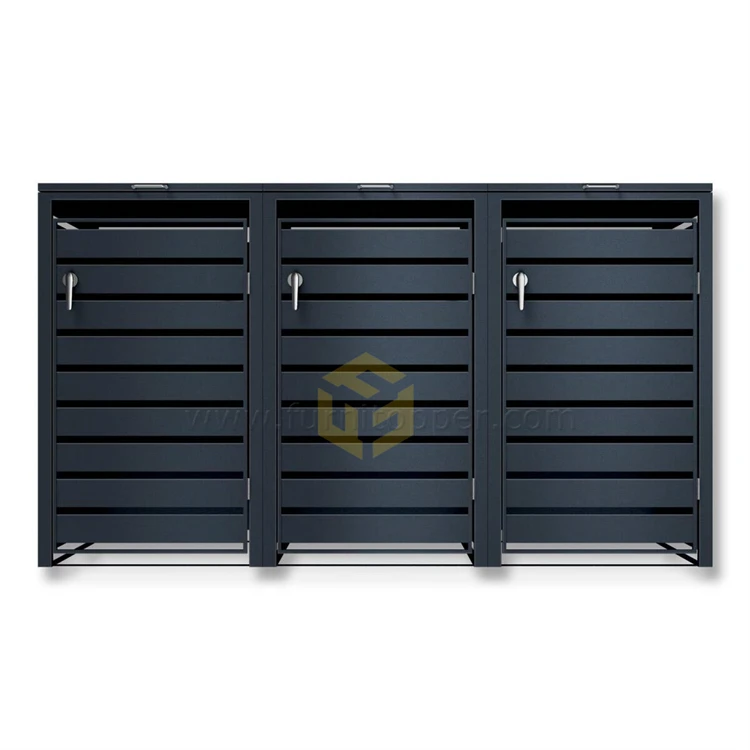 Wood Grain Door Metal Trash Can Shelter Cabinet Galvanized Steel Wheelie Bin Shed Box with Folding Lid