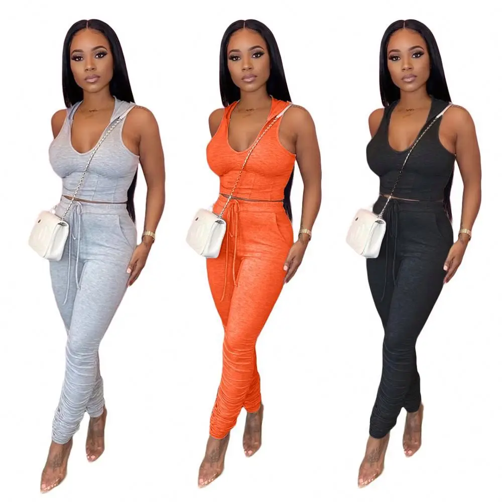 2021 Wholesale summer casual plus size 2 piece set women sleeveless hoodie stacked pants