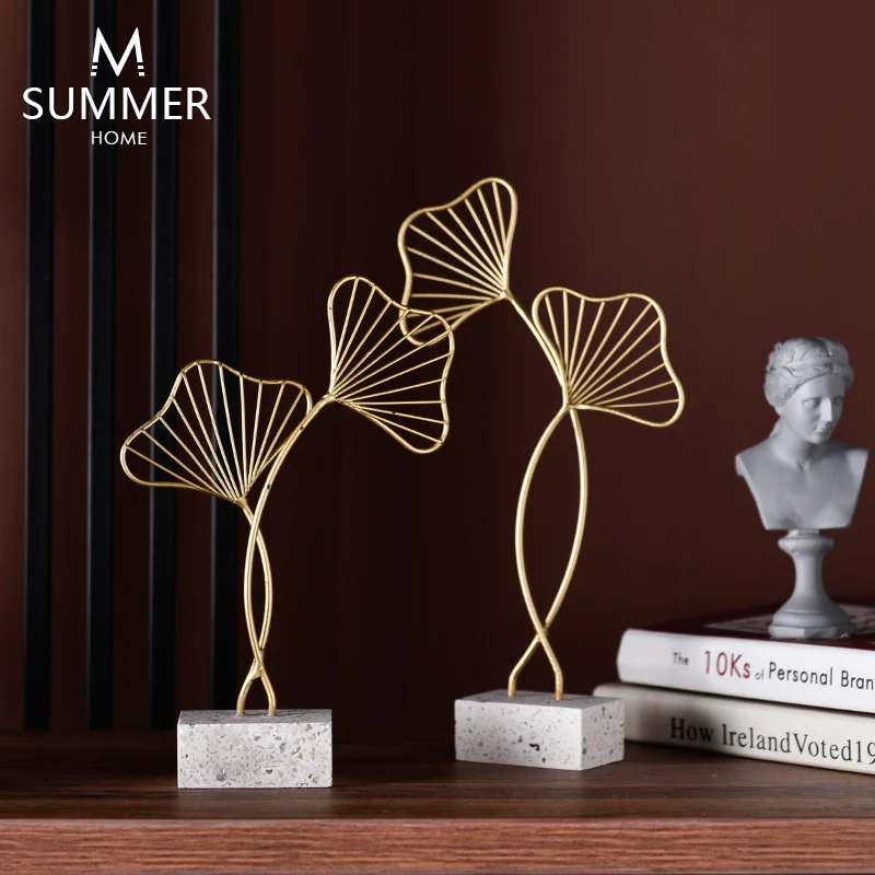 
Nordic Creative Metal Ginkgo Biloba Figurines Wrought Iron Flower Plant Ornament Home Decor Accessories 