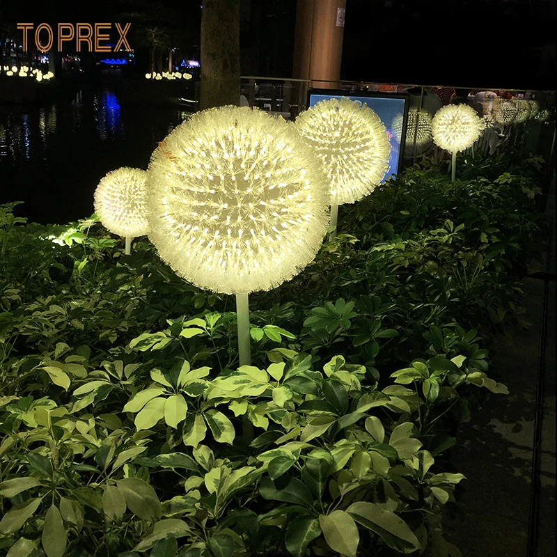 outdoor yard art metal frame fibre optic led lighted dandelion flowers light