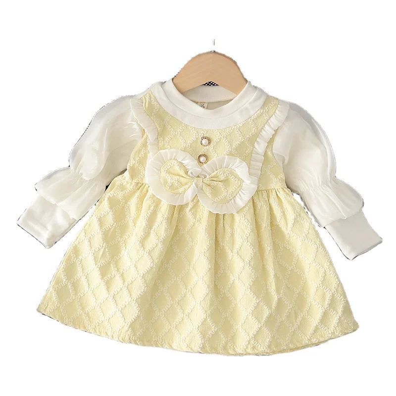 Платье для девочек весеннее и осеннее детское платье из двух предметов с бантом рукавами-рукавами