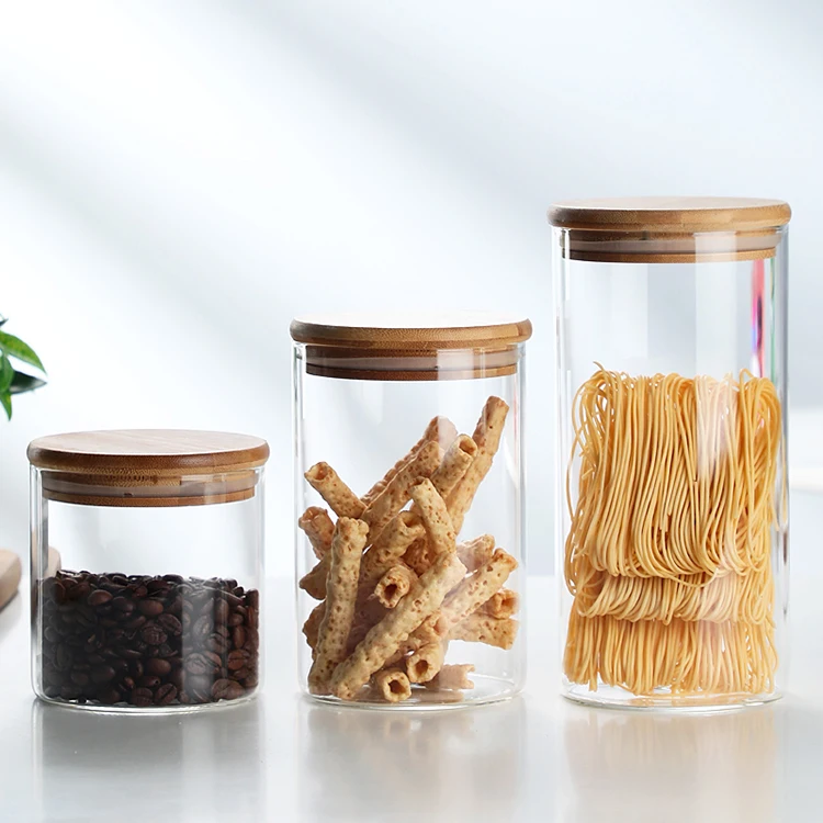 Wholesale Round Clear 16 Oz 24 Oz Glass Canister Jar Set With Bamboo Wooden Lid For Kitchen Spice Tea Coffee Storage