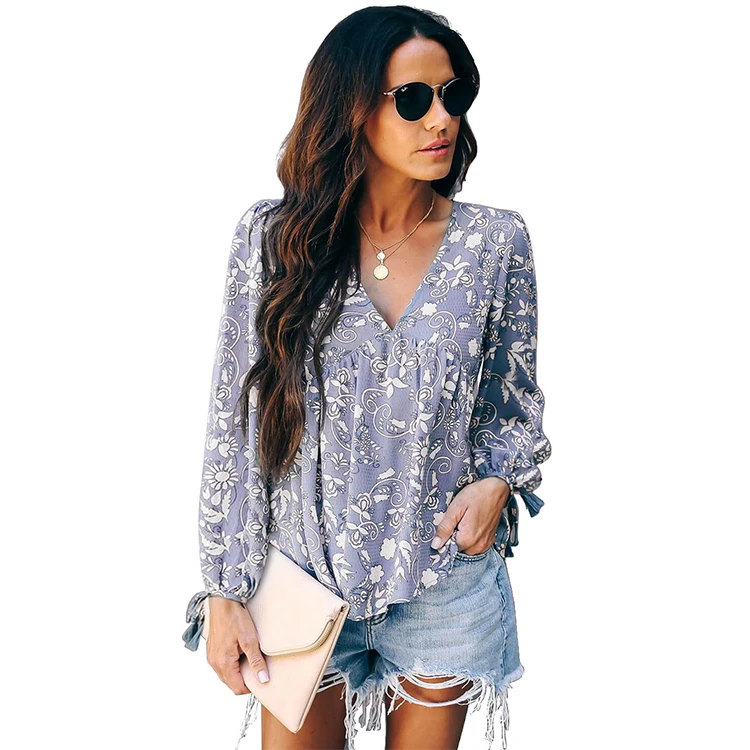 *GC-Q5562 2020new arrivalsLatest Design Women WholesaleClothes Floral Print Sexy V Neck Long Sleeve Boho Tassel Tie Blouses Tops