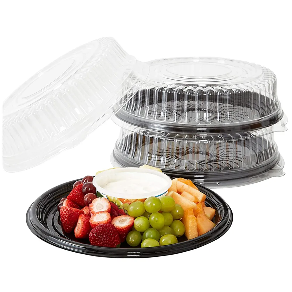 Черные пластиковые вечерние тарелки с прозрачной крышкой, элегантные круглые банкетные кейтеринговые лотки для сервировки закусок, сэндвич-тарелки для вегетарианцев