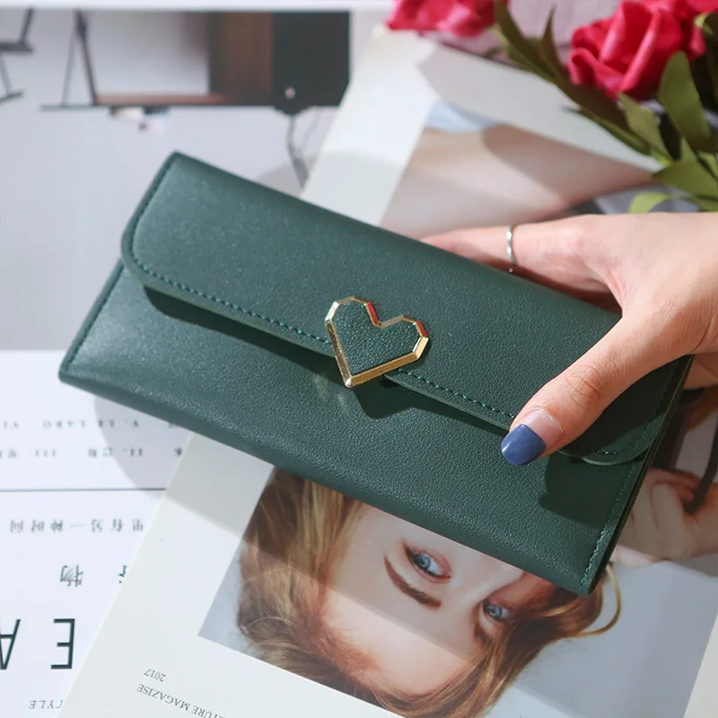 Wholesale Women New Fashion Korean Clutch Bag Lady PU Candy Color Heart 3 Fold Money Card Holder Purse