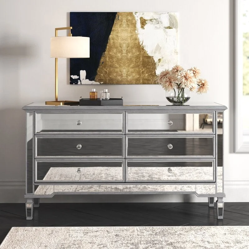 OEM manufacture Brixton 6 Drawer 48'  living room Furniture Storage  wooden dresser Mirrored Accent Chest Mirrored cabinet