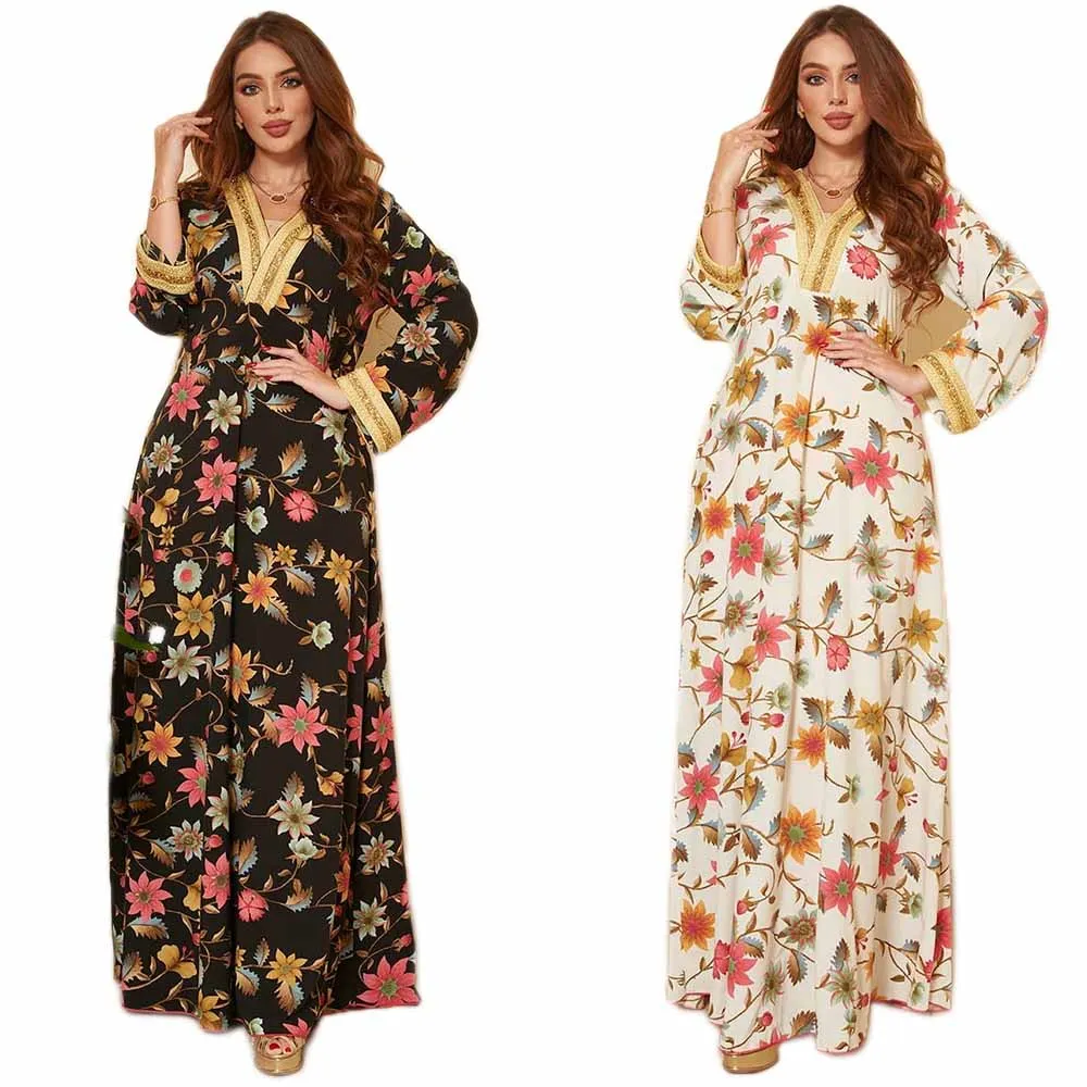 2022 Марокканская Арабская Женская одежда с черным принтом, Новая модная женская Дубайская абайя, турецкое платье, мусульманская одежда