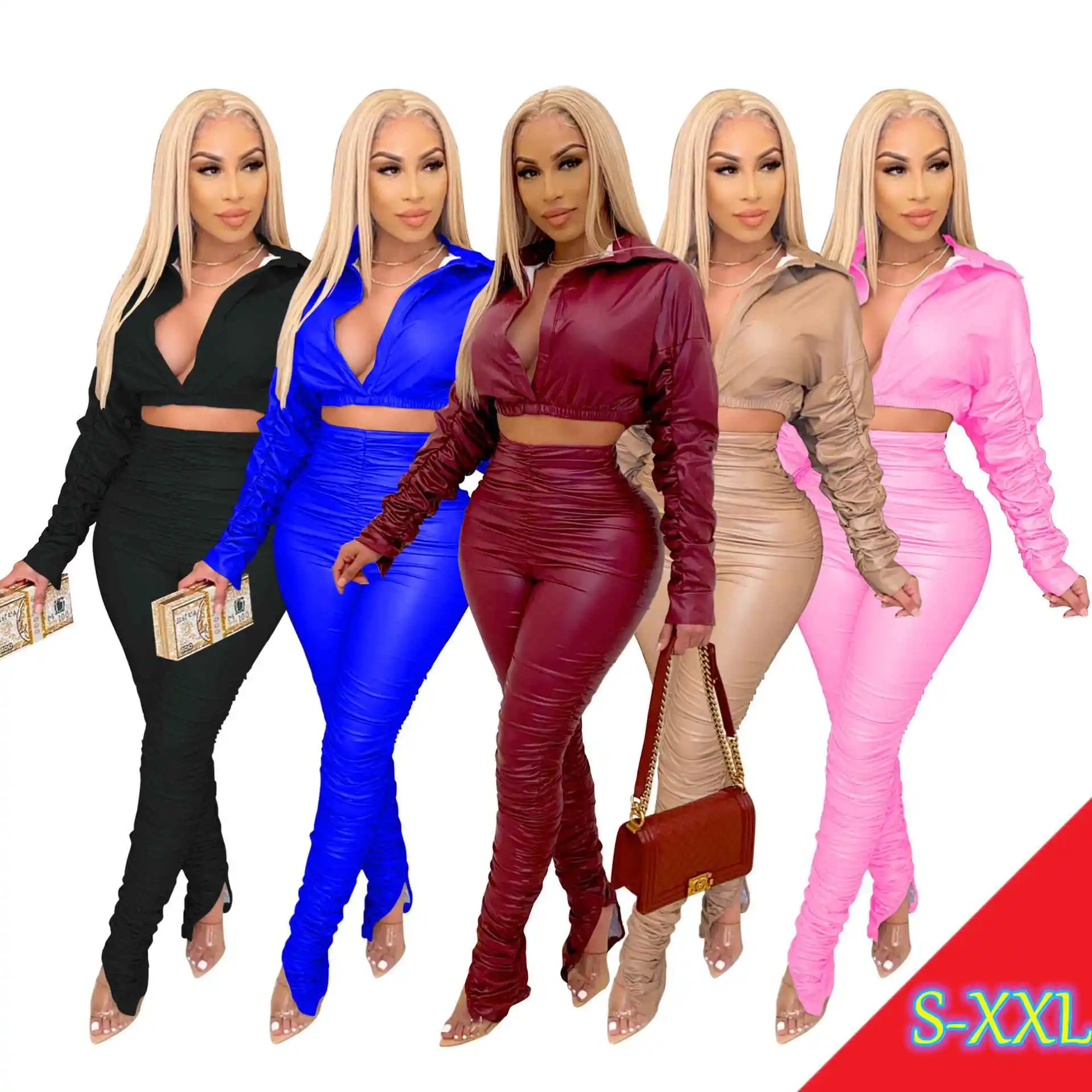 MISS Q YZ1243 Best Selling Quality Women PU 2 Pieces Stacked Pants Sets Pleated Crop Top Women Outfits Sets Womens 2 Piece Set