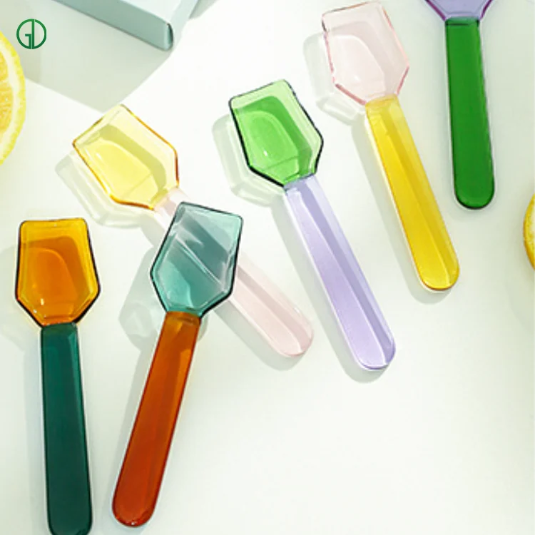 Custom Colorful borosilicate glass Yogurt Green Pink Reusable ice cream spoon long handle stirring coffee spoon dessert