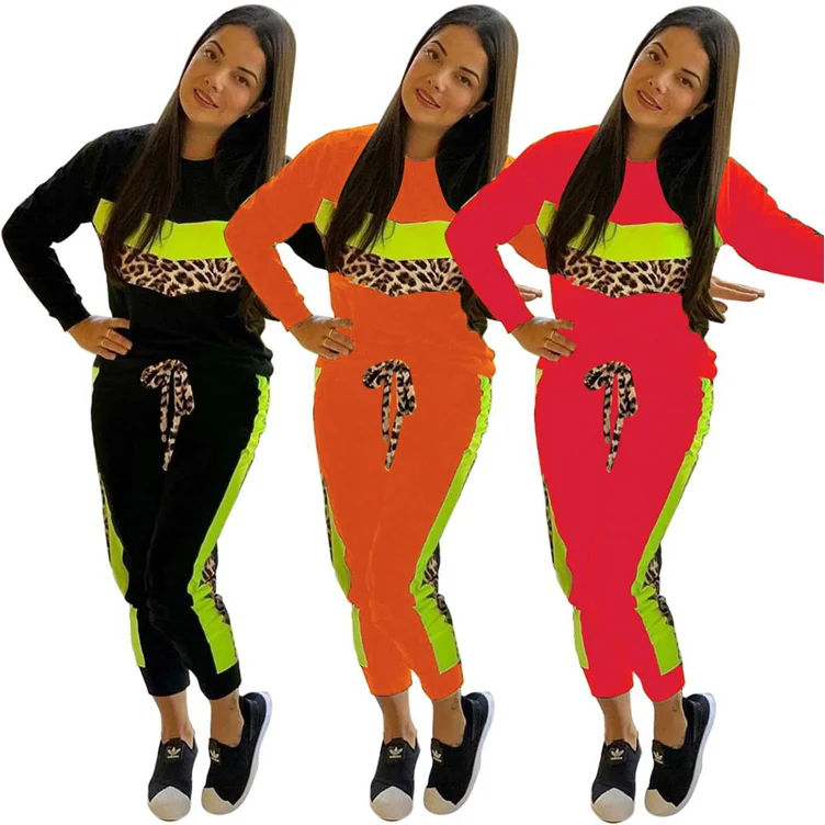 
*GC-9091008 2020 new arrivals casual leopard stripe color matching wholesale women Hot High Quality pants 2 piece sets 