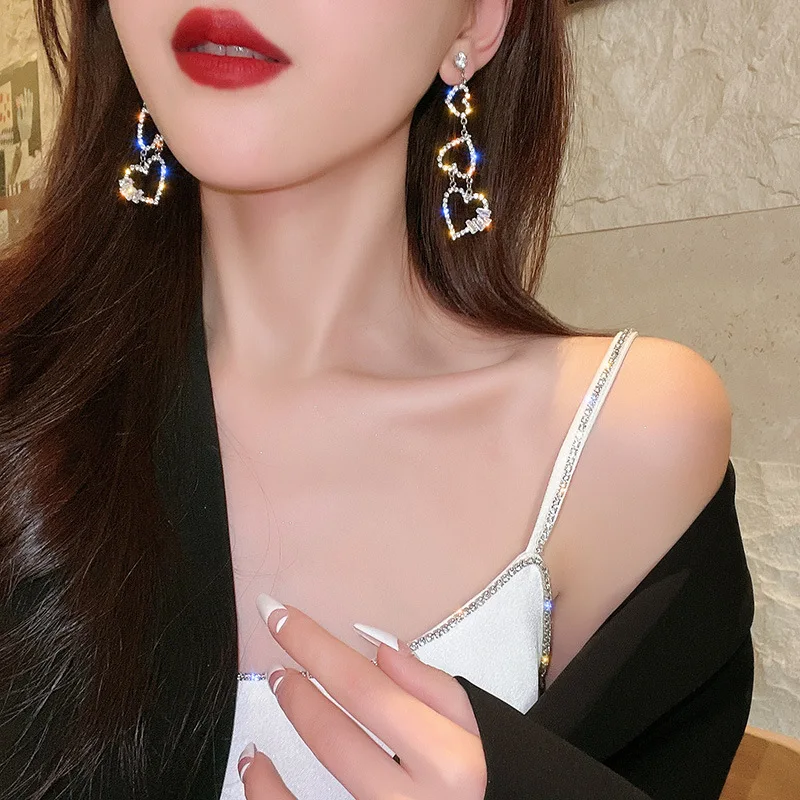 DAIHE S925 Silver Needle Full Diamond Love Tassel Earrings Ladies Cz Zircon Rhinestone Heart Earring Jewelry