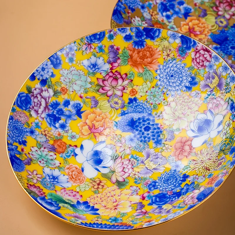 Wan Hua High-End Bone China Merchants Dining Plate Sustainable Feature Chinese Art Plate Hotels Home Use Enamel Color Steak