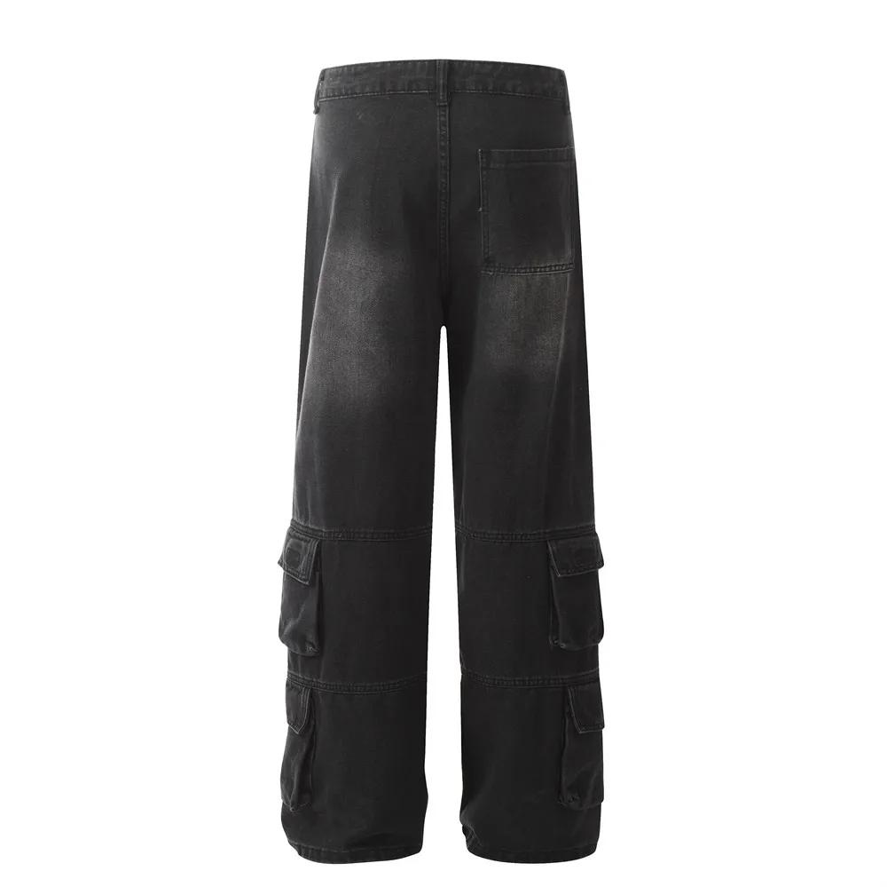 American Street Men Faded Washed Cargo Jeans Custom Denim Y2k Fashion Wide Leg Jeans Bottom Carpenter Pants Baggy Designer Jeans