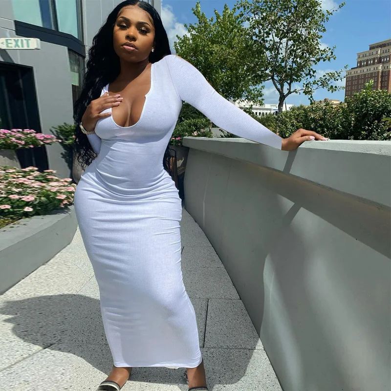 W-женские платья Простой Круглый вырез длинный рукав Bodycon макси Женская одежда на заказ 2021 осенние элегантные повседневные