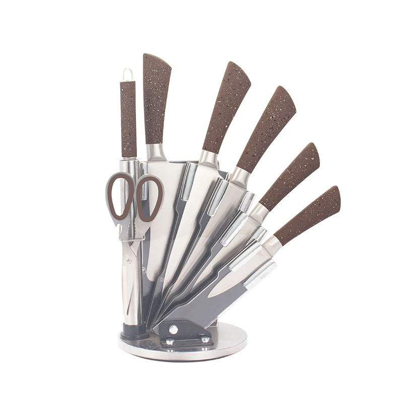 Hot selling 8pcs knife set in hollow handle with white marble coating handle and acrylic holder