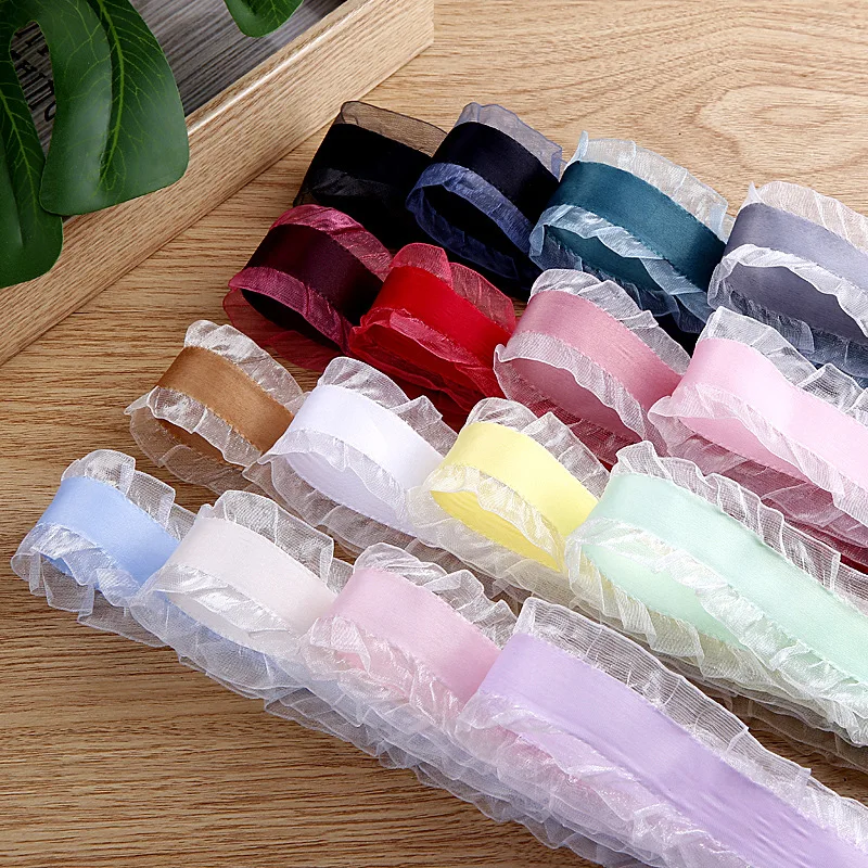 Wholesale High Quality Double Ruffle Organza Edge Satin Ribbon Fancy Personalised Ribbons For Headwear Bows