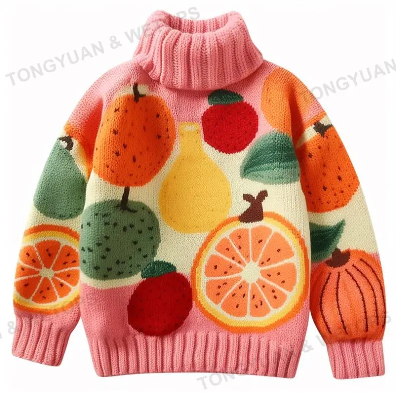Fashionable Colorful Toddler Girls Fruit Pattern Mock Neck Sweater 2025 Autumn Winter