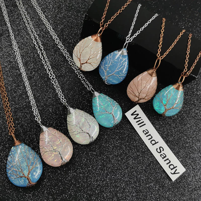 Copper Wire Wrapped Tree Of Life necklace resin water drop Pendants Necklace
