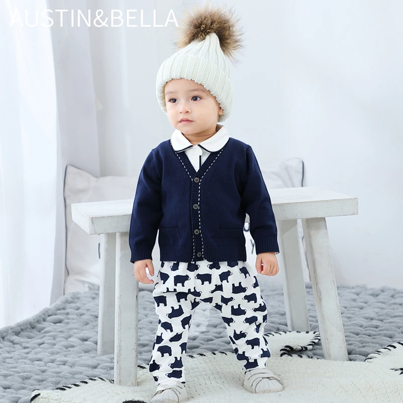 AustinBella/оптовая продажа бутик вязаная Осенняя детская одежда дизайнерские кардиганы для маленьких мальчиков 100% хлопок Детские простые свитера