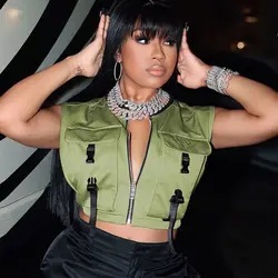 New Design 9 Colors Women Crop Top Fashion Zipper Up Street Cargo Pockets Sleeveless Jacket