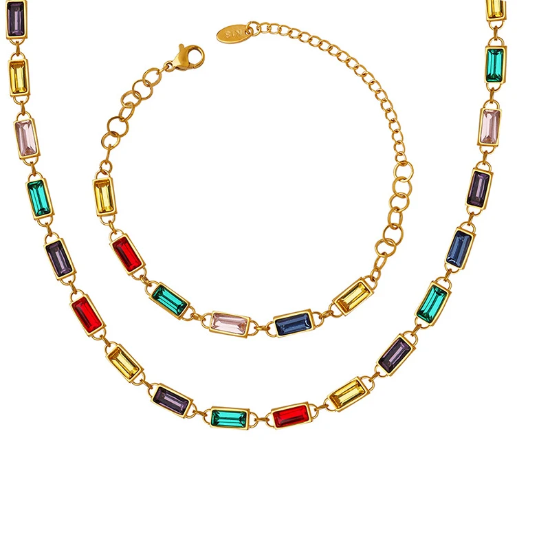 Vintage Stainless Steel Rectangle Colorful Natural Stone Rhinestone patchwork Necklace Bracelets Jewelry Set