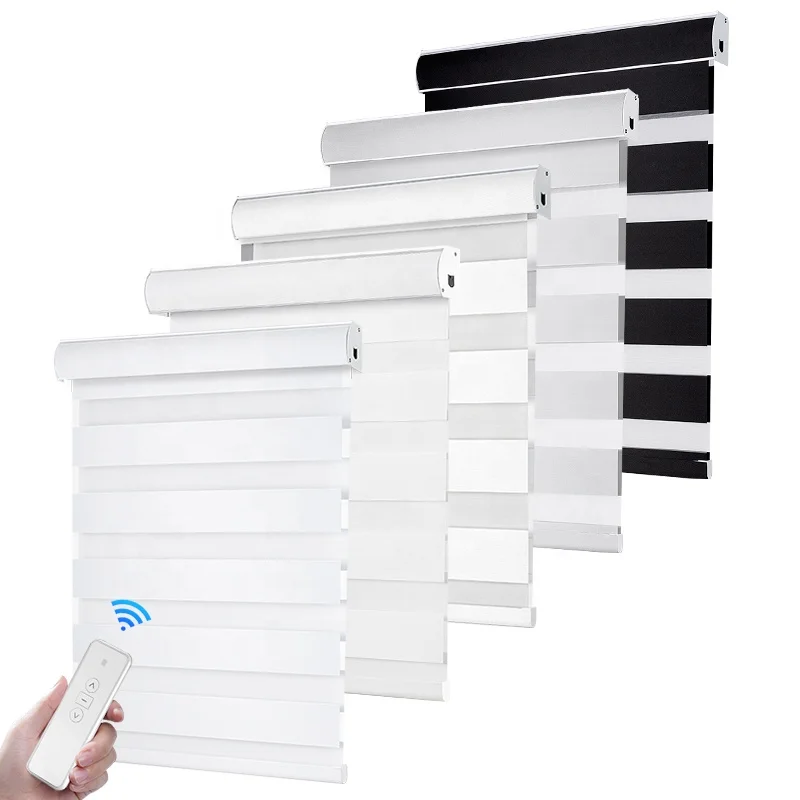 Electric dual window double roller shades zebra blinds shade automation wifi indoor battery operated motorized zebra blinds