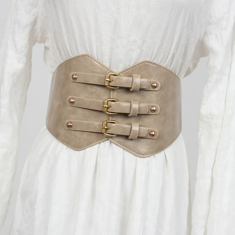 Three-raw Metal Needle Buckle Glossy Leather 14CM Wide High-waist Girdle Belt Dress Elasticity