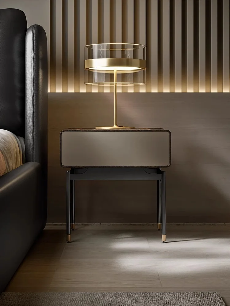 Atunus Italian New Modern Nightstand Light Luxury Bedroom Smoked Black Minimalist Bedside Cabinet Creative Storage Locker