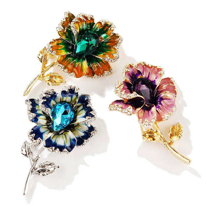 Customized Unisex Cloth Flowers Brooch Trendy Crystal Glass Stone Creative Enameled Purple Flower Brooch Pins For Lady