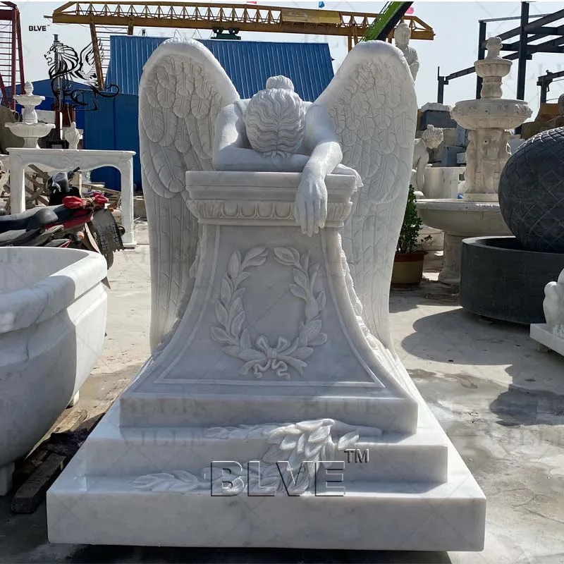 BLVE Custom Outdoor Cemetery White Natural Stone Marble Kneeling Angel Statue Tombstone Monument Gravestone