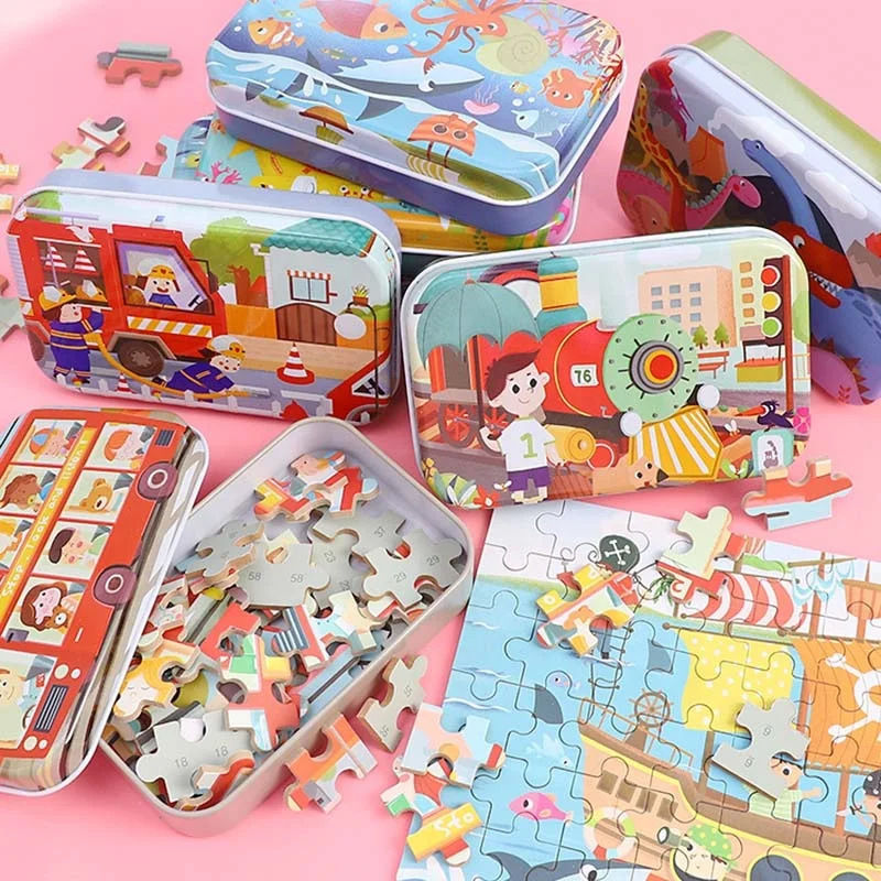 Children Learning Educational Puzzles Toys Mini Wooden Jigsaw With Metal Box