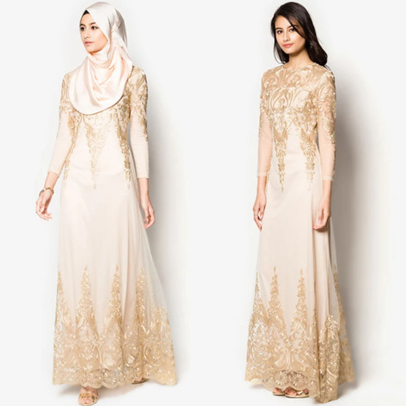 Customize Ladies Elegant Aline Long Sleeve Gold Lace Evening Dresses