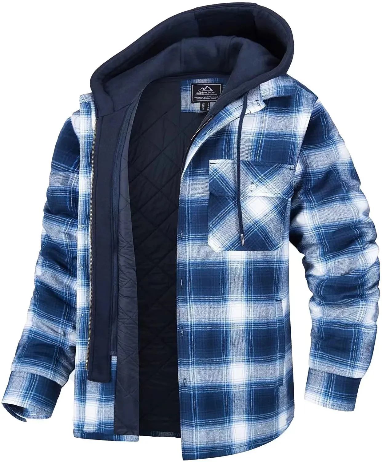 Autumn-winter padded plaid long-sleeved hooded jacket coat for men top