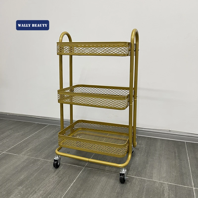Wallybeauty new design makeup salon cart 3 tiers pedicure spa nail shop trolley gold beauty trolley with lockable wheels