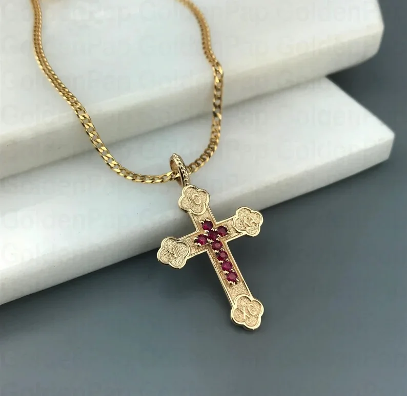 14k solid gold cross with real rubies