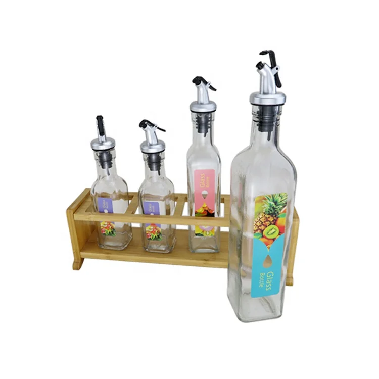 
150ml 250ml 500ml (8.5oz 17oz) Glass Oil Bottles For Oil Sauce Vinegar Kitchen Organization Cruet Dispenser Set with Wooden Base 