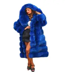 Пушистые пальто с капюшоном из искусственного лисьего меха в европейском стиле, длинная дизайнерская женская верхняя одежда